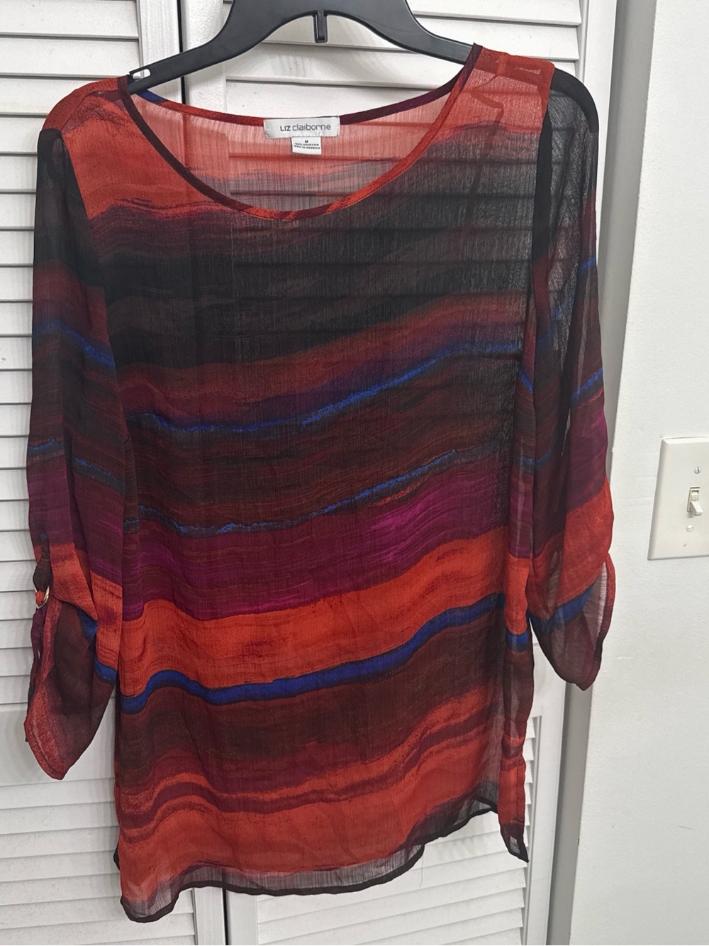 Liz Claiborne Red Multi-Stripe Sheer Roll-Sleeve Blouse